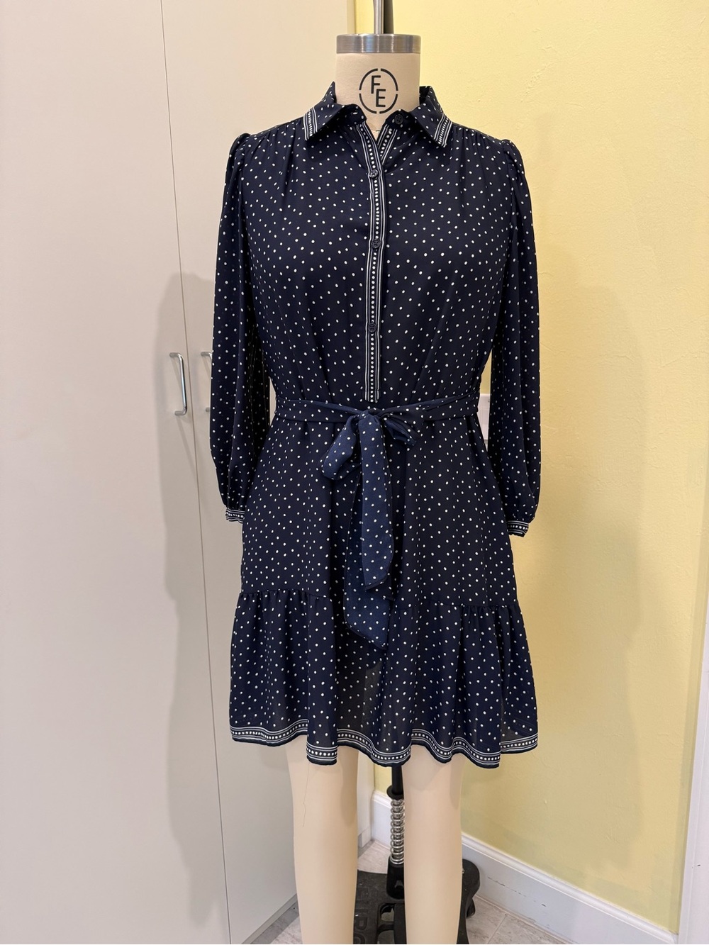 Max Studio Navy with White Dot Long Sleeve Shirtwaist Dress